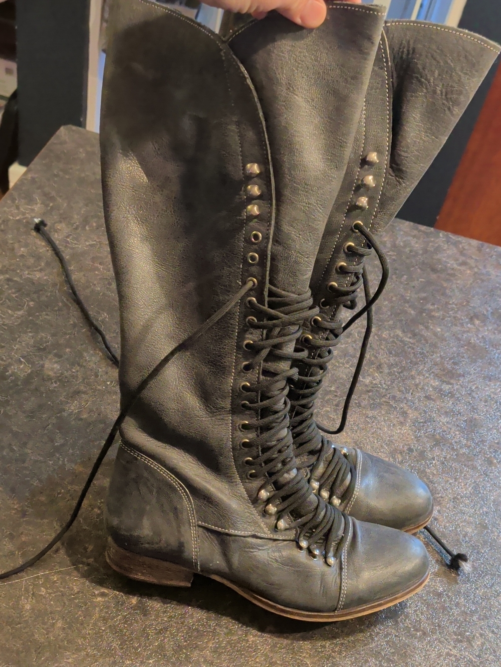 Charcoal Leather Knee-High Lace-Up Boots